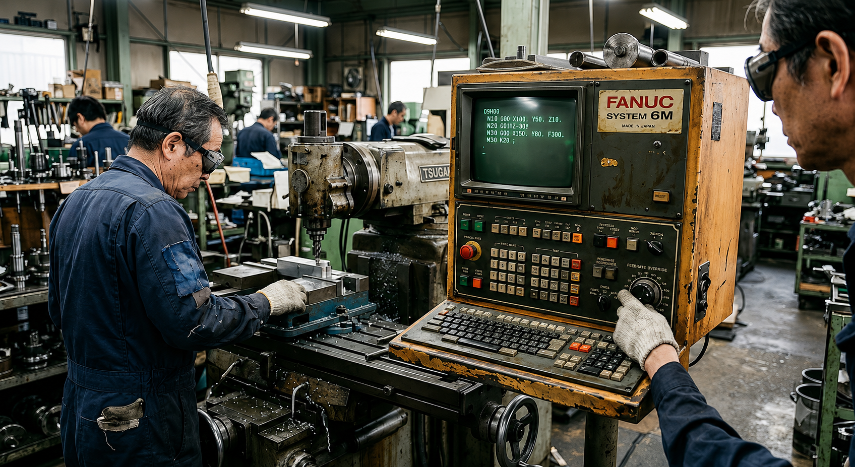 Bo mạch chủ và màn hình CRT xanh đơn sắc của Fanuc System 6